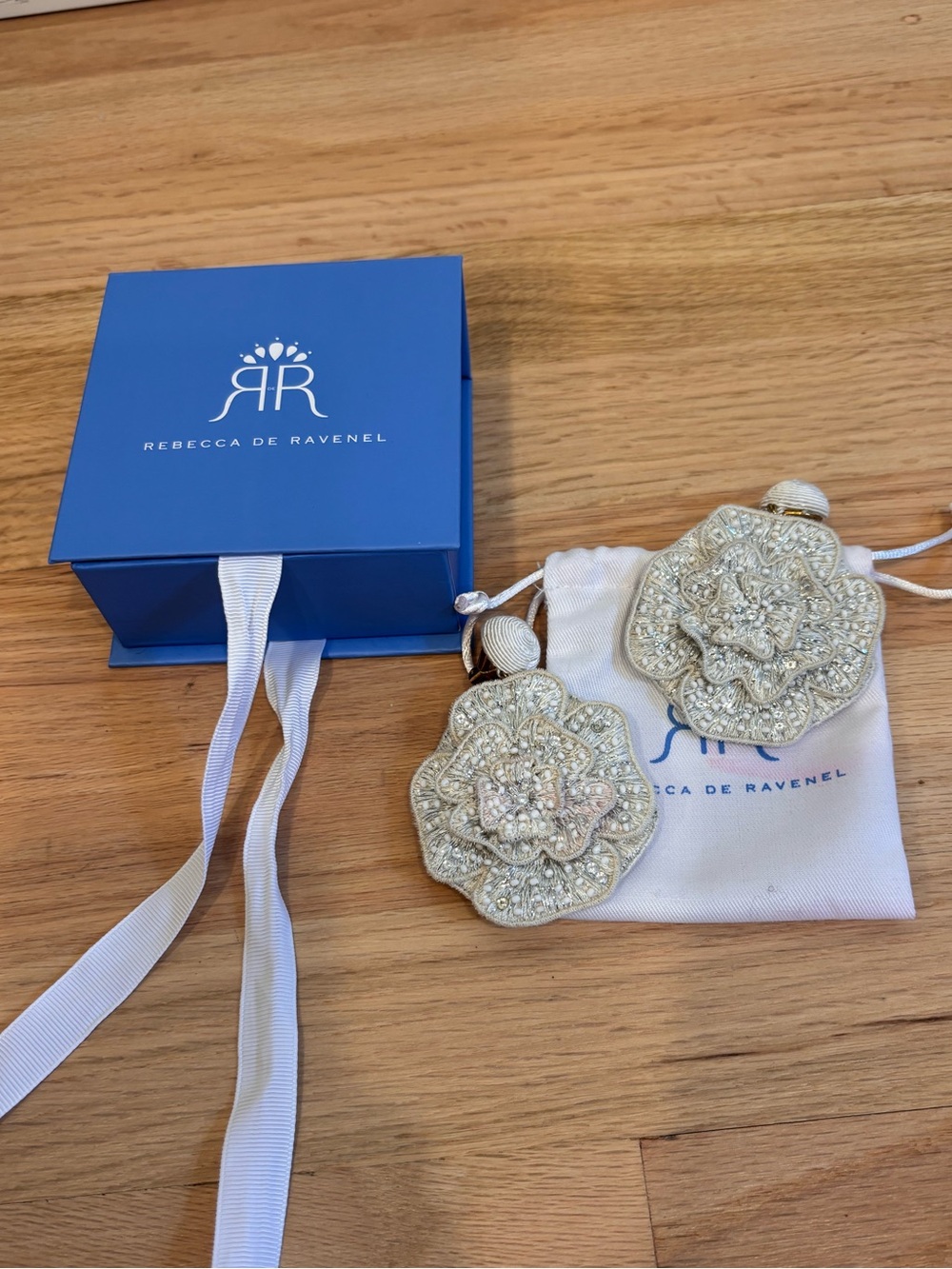 Rebecca de Ravenel Flora Beaded Drop clip on Earrings in box